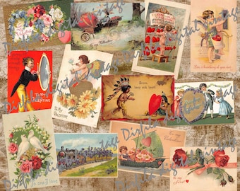 36 vintagekort för Alla hjärtans dag. Digitala vykort, digitala nedladdningar av hög kvalitet.