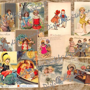May include: A collection of vintage postcards featuring illustrations of children, flowers, and scenes. The postcards showcase a variety of styles, including illustrations of children in dresses, holding flowers, and playing. The color palette includes pastels and vibrant hues.