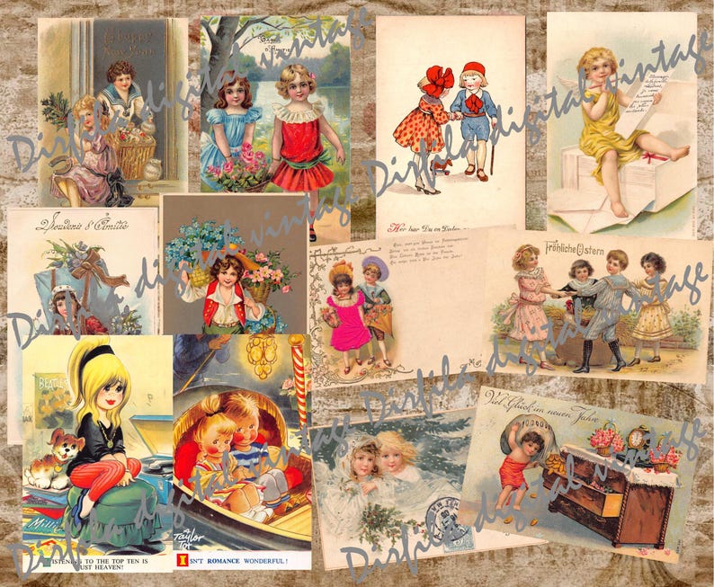 May include: A collection of vintage postcards featuring illustrations of children, flowers, and scenes. The postcards showcase a variety of styles, including illustrations of children in dresses, holding flowers, and playing. The color palette includes pastels and vibrant hues.