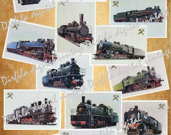 Papel digital com tema de trem vintage – Fundos retrô de locomotivas para diários de arte, scrapbooking e artesanato.