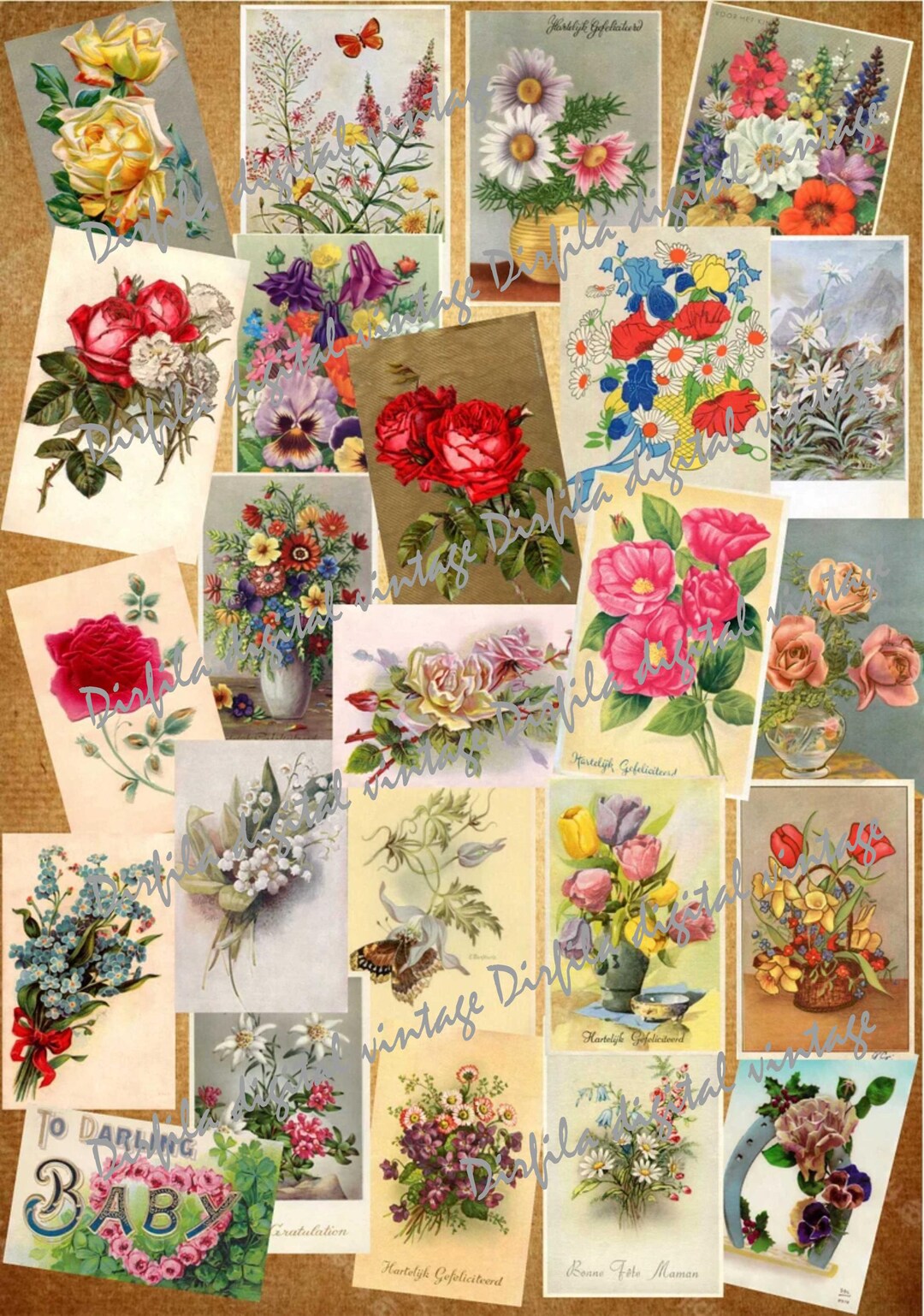 24 Vintage Floral Postcards – Printable Antique Flower Ephemera for ...