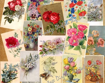 24 Vintage Floral Postcards – Printable Antique Flower Ephemera for Junk Journals & Scrapbooking