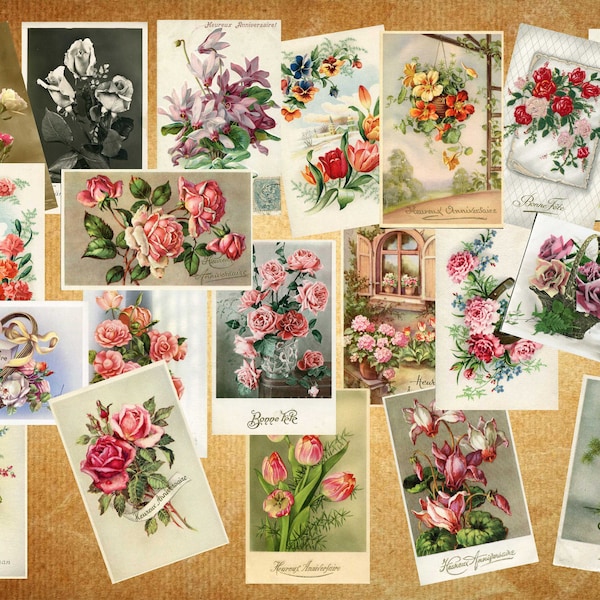 Digital download postcard Flowers, printed vintage postcards 1920-1930, ephemera for junk magazine and scrapbook