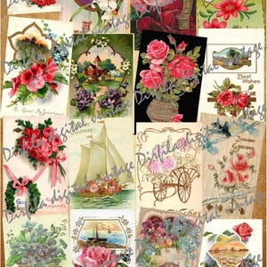 Vintage-Set mit 48 Karten im digitalen Format zum Herunterladen Blumen, Blumensträuße, Glückwünsche, Ephemera für Junk-Magazin und Scrapbook