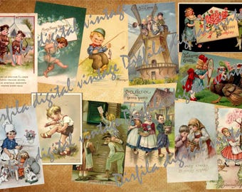 Postcard children digital download, printed vintage postcards, ephemera for junk magazine and scrapbook