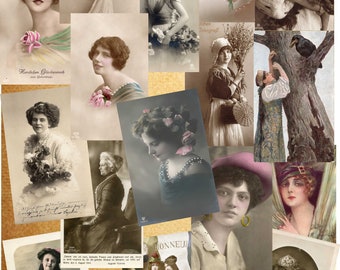 32 Vintage Photographs and Postcards Women, Girls, High Quality Download, Ephemera for junk magazine and scrapbook