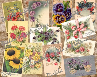 Set of Vintage Floral Postcards – Printable Antique Ephemera for Junk Journals & Scrapbooking