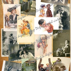 52 Vintage Postkarten, Romantik, Liebe, Valentinstag, High Quality Download, Ephemera für Junk-Magazin und Scrapbook