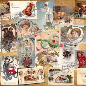 Paquete de 60 postales vintage con temática navideña y de Año Nuevo, descarga digital e impresión, material efímero para diarios basura y álbumes de recortes.