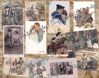 Vintage Postcards Couples Lovers Digital Download, Romantic Postcards, Couples Lovers Journaling cards, Vintage couples