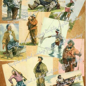 Retro Fishermen Printable Postcards - Set of 22 Vintage Fishing Designs for Instant Download