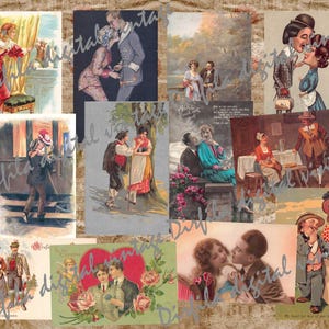 Ensemble de cartes postales romantiques anciennes - Imprimable éphémères des amants du passé - Téléchargement numérique