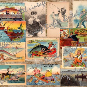 Vintage Fishermen Postcards – Retro Fishing Ephemera Pack – Printable for Junk Journals & Scrapbooks