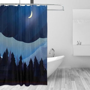 May include: A blue shower curtain featuring a nighttime forest scene. The design includes silhouetted trees, mountains, a crescent moon, and stars. The color palette consists of dark blues and purples.