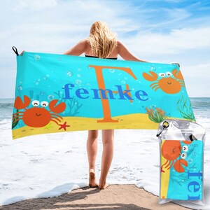 Personalized Kids Beach Towel - Fun beach design - 31.5 W x 63 L - Gift for A Girl or Boy - Ocean Themed Design - Crab