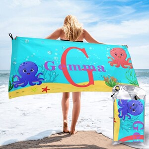 Personalized Kids Beach Towel - Fun beach design - 31.5 W x 63 L - Gift for A Girl or Boy - Ocean Themed Design - Octopus