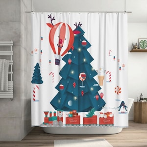 May include: White Christmas-themed shower curtain featuring a blue Christmas tree, a reindeer hot air balloon, and a train carrying gifts. Candy canes, ornaments, and a snowman decorate the curtain, creating a festive holiday scene.