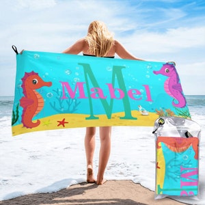 Personalized Kids Beach Towel - Fun beach design - 31.5 W x 63 L - Gift for A Girl or Boy - Ocean Themed Design - Available In 4 Designs