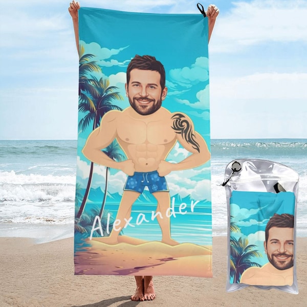 Custom Funny Face Beach Towel, Personalised Name Beach Towel, Wedding Anniversary Couple Summer Gift Men Brothers Gift Photo Beach Towel