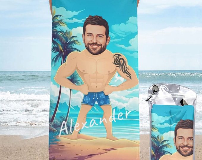 Custom Funny Face Beach Towel, Personalised Name Beach Towel, Wedding Anniversary Couple Summer Gift Men Brothers Gift Photo Beach Towel