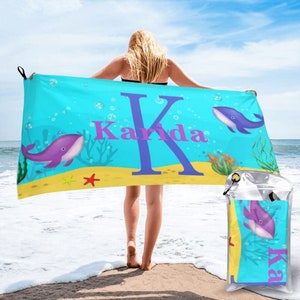 Personalized Kids Beach Towel - Fun beach design - 31.5 W x 63 L - Gift for A Girl or Boy - Ocean Themed Design - Whale