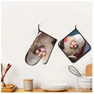 May include: Two oven mitts with a winter holiday theme. One mitt is a potholder with a man's face in a Santa hat. The other mitt is a glove with the same man's face upside down.