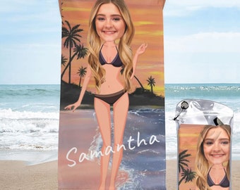 May include: A personalized beach towel with a cartoon illustration of a person in a bikini standing on a beach with palm trees and an ocean sunset. The towel has the name "Samantha" written on it.