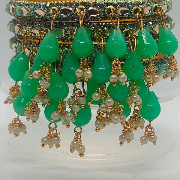 Rich Texture Pearl Indian Bangles with pearl hangings, shiny stone bangles, Asian bangles light green Colour...