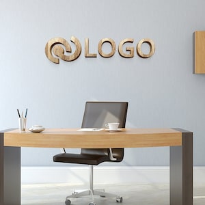 Insegna con logo in legno chiaro, insegna da parete per ufficio, logo in legno, insegna con taglio laser personalizzato