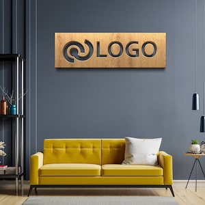 Insegna con logo in legno chiaro, cornice rettangolare, insegna da parete per ufficio, logo in legno, insegna con taglio laser personalizzato