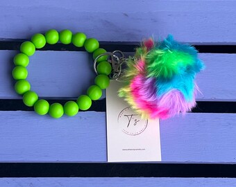 Pom Pom Silicone Beaded Wristlet, Colorful Neon Rainbow