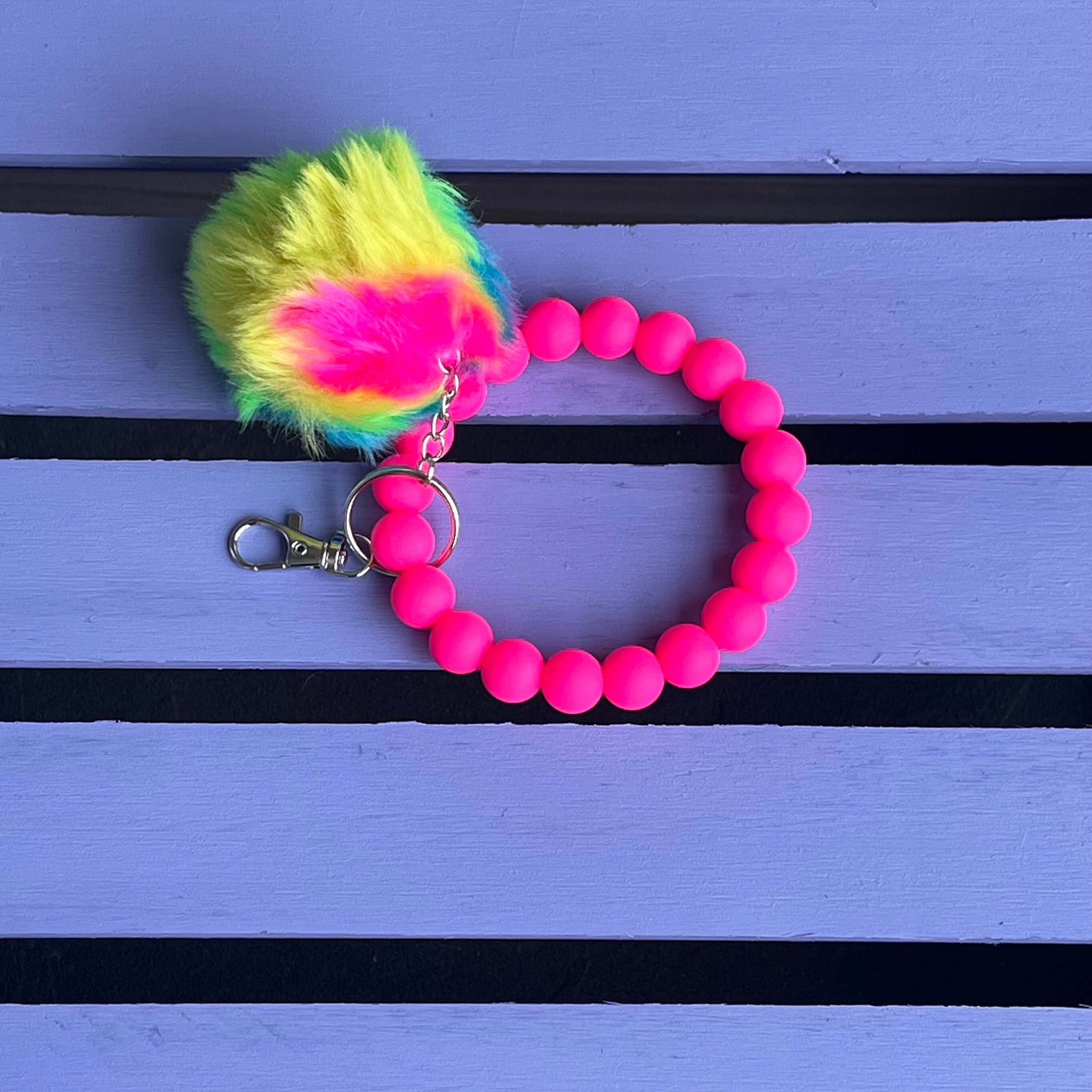 Pom Pom Silicone Beaded Wristlet, Colorful Neon Rainbow