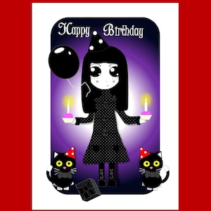 Goth Girl Cats & Cupcakes Verjaardagskaart, leuke gotische verjaardagskaart, verjaardagskaart, wenskaart, alternatieve verjaardagskaart, kattenliefhebberskaart