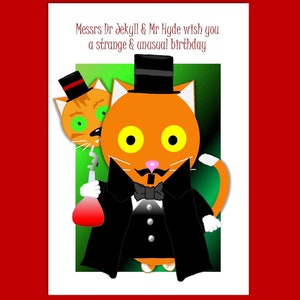 Carte d'anniversaire chat Dr Jekyll & Mr Hyde - personnalisable, carte d'horreur gothique, carte de chat mignon, carte de voeux, carte de chat drôle, carte d'amoureux des chats