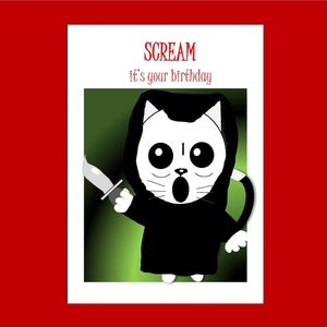 Scream It's Your Birthday - Ghost Face Cat verjaardagskaart, Scream Horror Film Card, wenskaart, leuke horrorkaart, kattenliefhebbers kaart, cadeau