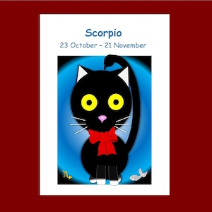 Tarjeta de cumpleaños con el horóscopo de gato - Escorpio, tarjeta divertida con gato, tarjeta astrológica de Escorpio, tarjeta del zodiaco, tarjeta de felicitación, tarjeta con gato tierno, tarjeta para amantes de los gatos