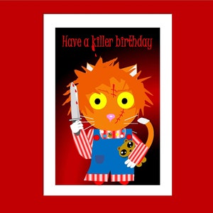 Carte d'anniversaire film d'horreur mignonne Chucky Cat, carte d'anniversaire jeu d'enfant, carte Villan chat, carte de voeux, carte d'horreur drôle, carte d'amoureux des chats
