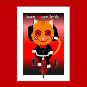 Biglietto di auguri di compleanno a tema gatto Billy Jigsaw, biglietto di auguri horror a tema Saw, biglietto di auguri di compleanno a tema film horror, biglietto di auguri di compleanno a tema gatto divertente, biglietto di auguri, biglietto per amanti dei gatti