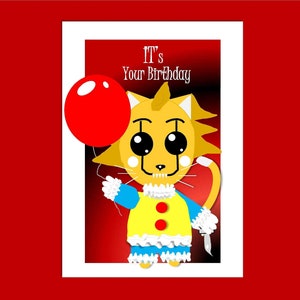 Cartão de aniversário de terror com palhaço gato Pennywise, cartão de terror fofo, cartão de terror IT, cartão de felicitações, palhaço assassino fofo, cartão engraçado, cartão para amantes de gatos