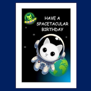 Carte d'anniversaire chat de l'espace, carte d'anniversaire space-tacular, carte d'amoureux des chats, carte chat mignon, carte de voeux, carte d'anniversaire chat dans l'espace, carte chat