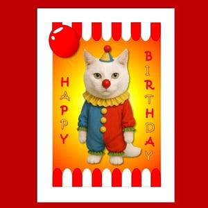 Cartão de aniversário de gato palhaço, cartão de gato fofo, cartão de palhaço fofo, cartão de aniversário de gato, cartão de felicitações, cartão para amantes de gatos, cartão de gato engraçado, cartão de gato mal-humorado