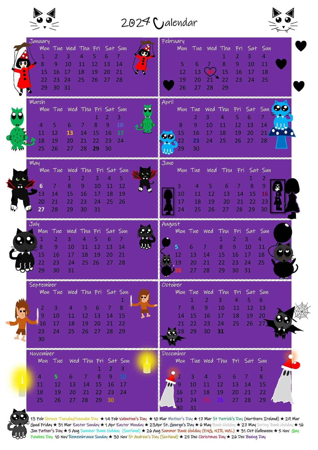 2024 Instant Printable Cute Gothic Calendar Digital Download - Etsy