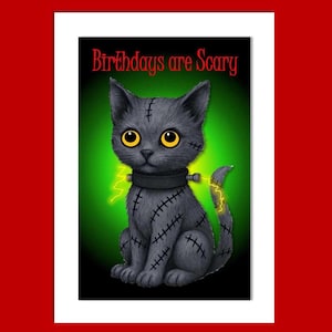 Frankensteins kat verjaardagskaart, verjaardagen zijn eng, wenskaart, kattenliefhebbers kaart, kattenkaart, gotische kaart, leuke gotische horror kat kaart