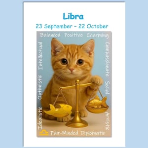 Verjaardagskaart kattenhoroscoop - Weegschaal, kaart grappige kat, kaart kattenastrologie, dierenriemkaart, wenskaart, verjaardagskaart Weegschaal, kaart kattenliefhebbers