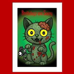 Verjaardagen van zombiekatten zijn eng kaart, wenskaart, leuke kattenkaart, kattenliefhebberskaart, alternatieve verjaardagskaart, grappige kattenkaart, verjaardag kat