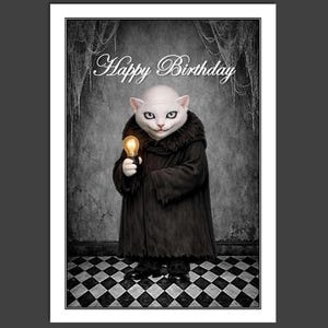 May include: A birthday card with a white cat in a black robe, holding a lit lightbulb. The cat stands on a black and white checkered floor, with the words "Happy Birthday" in elegant script above a gothic background.