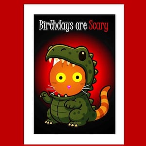 Carte d'anniversaire T-Rex chat, les anniversaires sont effrayants, Jurassic Park, jolie carte de chat, carte d'anniversaire de chat, carte de voeux, carte d'amoureux des chats, carte d'enfant