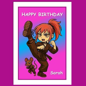 Biglietto di auguri di compleanno per ragazza karate - personalizzabile, biglietto di auguri anime, biglietto per bambini, biglietto di auguri, biglietto di auguri per ragazze, biglietto di auguri manga karate girl