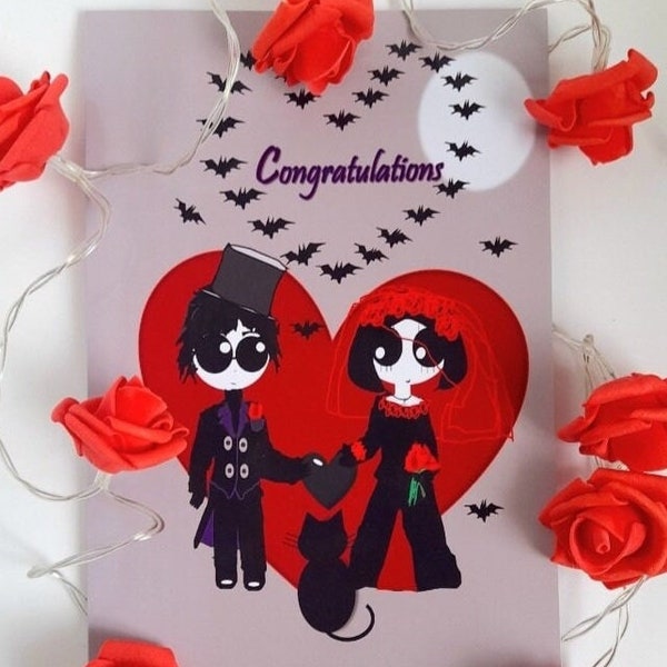 Goth Couple Wedding Cards - Red, Purple & Black | Cute Gothic Wedding Card | Engagement Card | Wedding Card | Greeting Card | Gothic | Gift