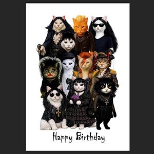 May include: A greeting card featuring a group of cats dressed in various rock and gothic-inspired outfits, including leather jackets, sunglasses, and elaborate hairstyles. The text "Happy Birthday" is printed in a black, stylised font at the bottom.